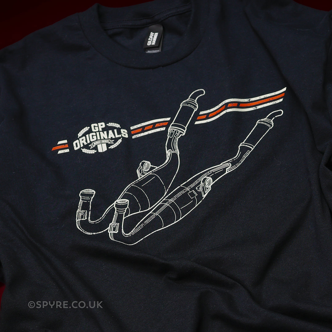 Two-stroke exhaust pipes t-shirt for TZ250 and TZ350 enthusiasts