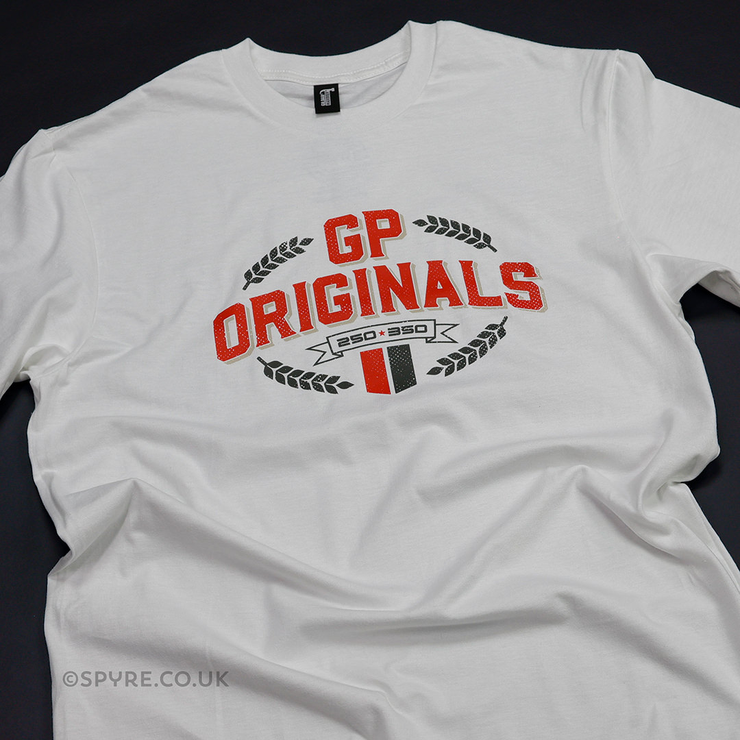 Official GP Originals merch – the first t-shirt design on white