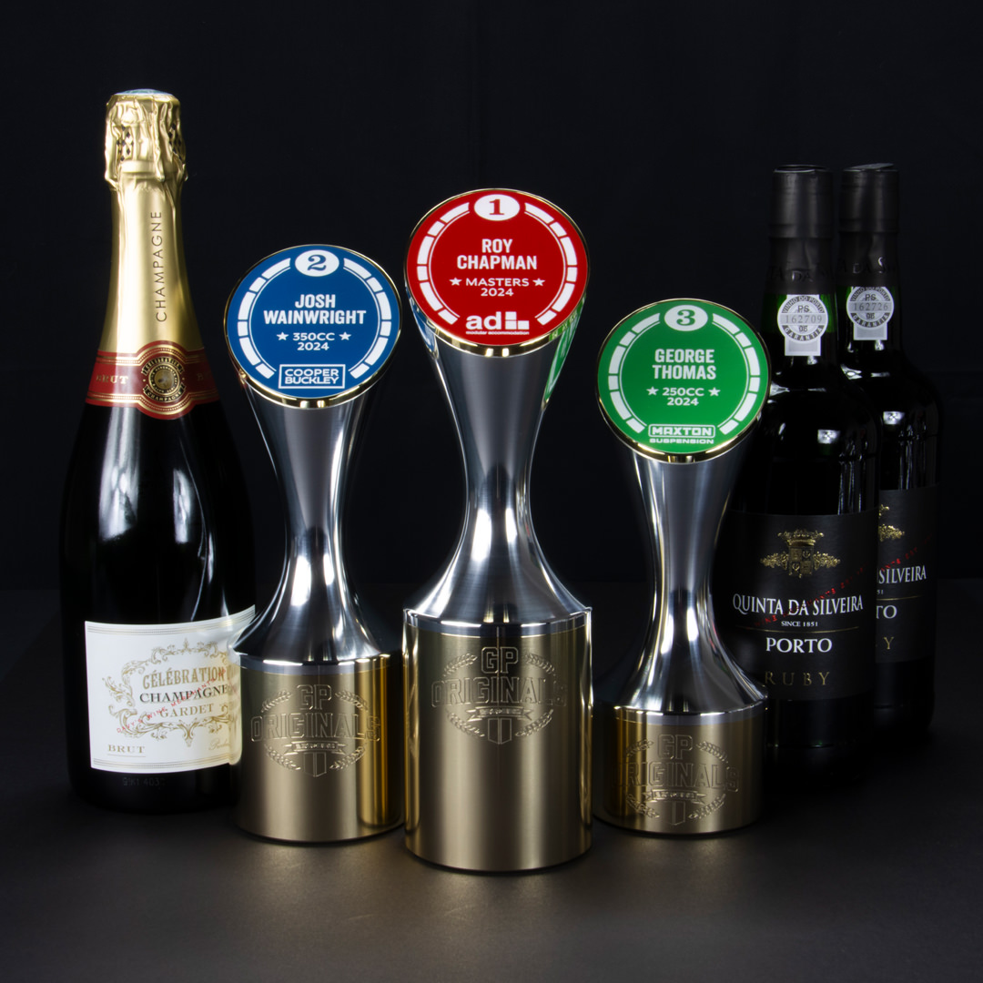 A set of custom awards for motorcycle racing, designed and made in the UK